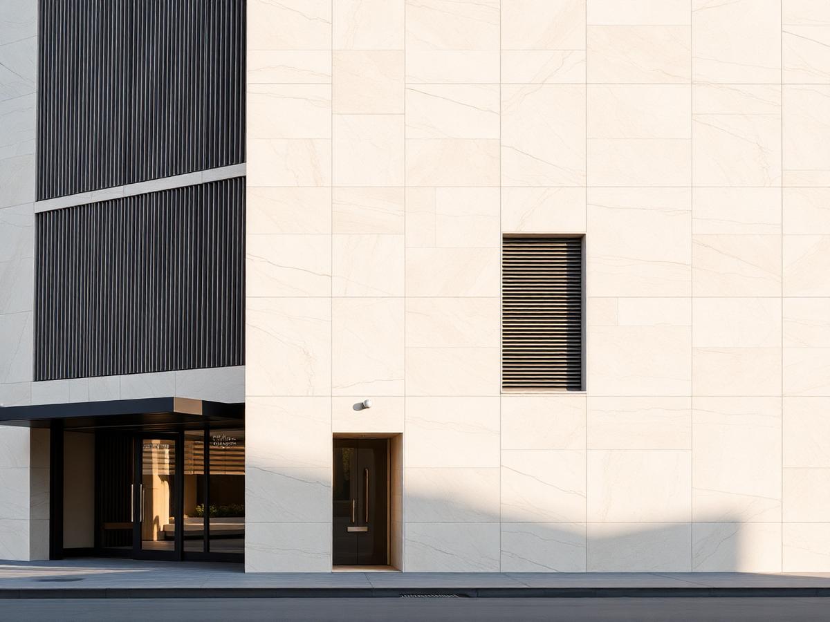 Fațadă de hotel placată cu travertin — proiect RAW STUDIO